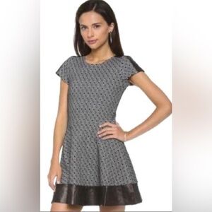 Parker Black & White Geometric Fit & Flare Dress with Leather Trim – Size XS
